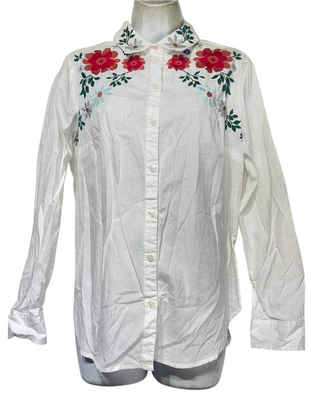Maeve by Anthropologie Women's Size 8 White Floral Embroidered Button Down Shirt